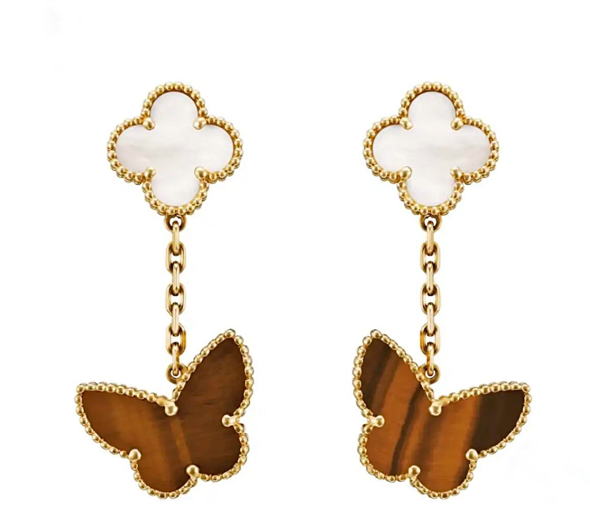 Van Cleef & Arpels Lucky Alhambra Earrings 2 Motifs Yellow Gold Mother of Pearl Tiger Eye