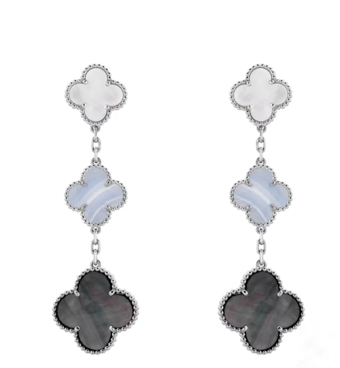 Van Cleef & Arpels Magic Alhambra Earrings 3 Motifs White Gold White Mother of Pearl Chalcedony Grey Mother of Pearl