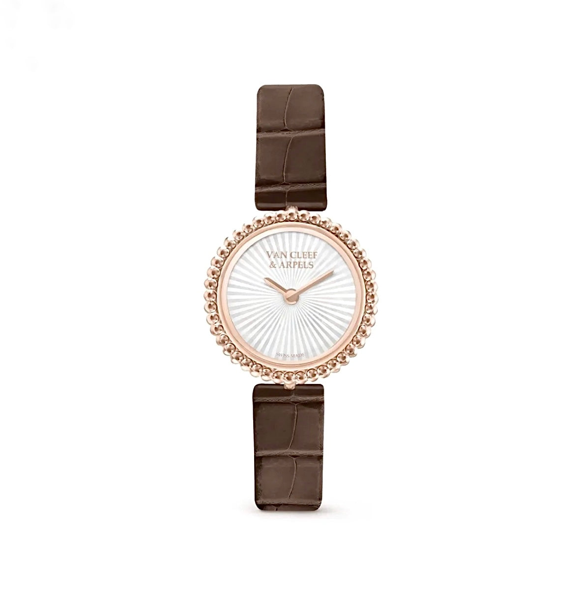 Van Cleef & Arpels Perlée Watch 23mm Rose Gold Diamond Bezel Brown Strap