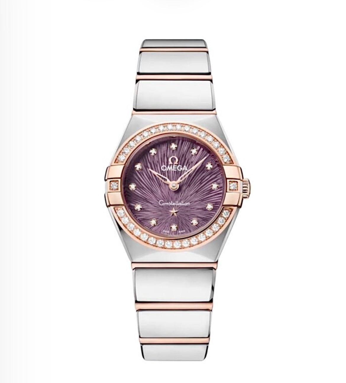 Omega Constellation 28MM – Steel & Rose Gold-Plated Diamond Bezel, Plum Dial