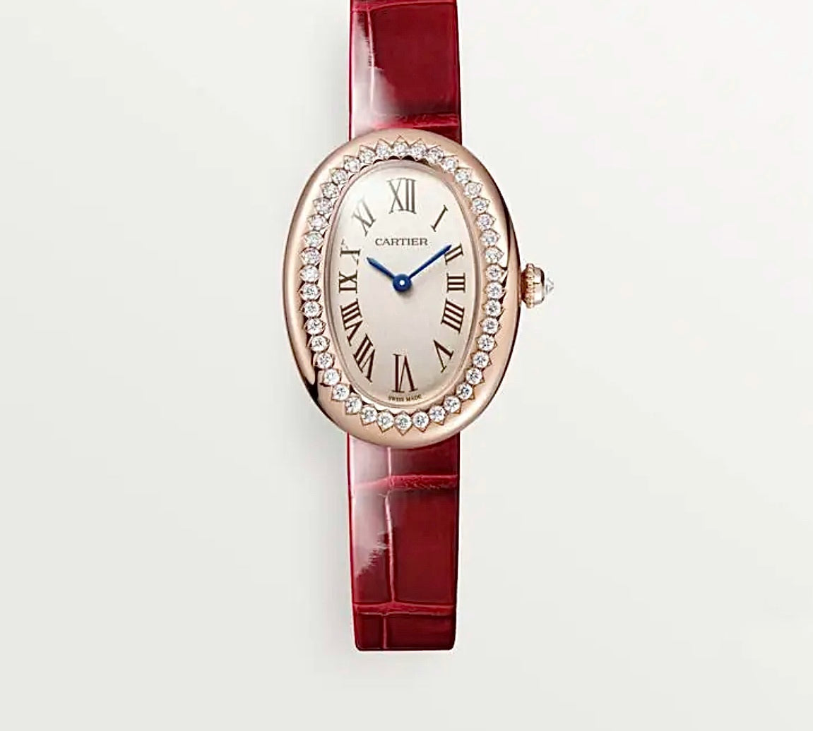 Cartier Baignoire 32x24MM – Rose Gold-Plated, Diamond Bezel, Red Crocodile Strap