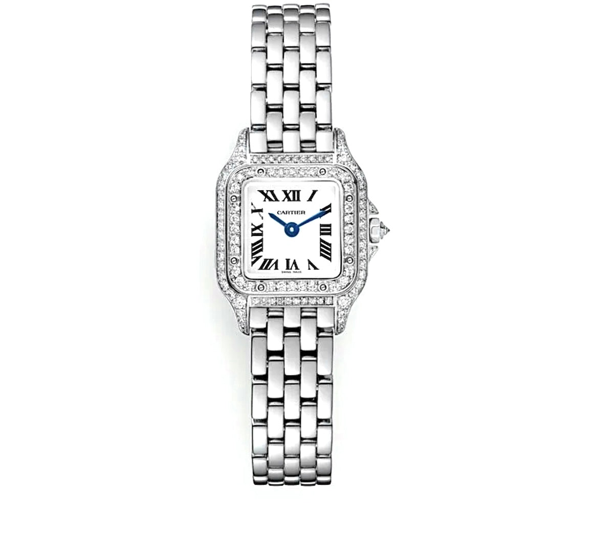 Cartier Panthère Watch 19mm Mini – Diamond Bezel | Stainless Steel | White Roman Dial | ساعة كارتييه بانتير 19مم إطار الماس ستانلس