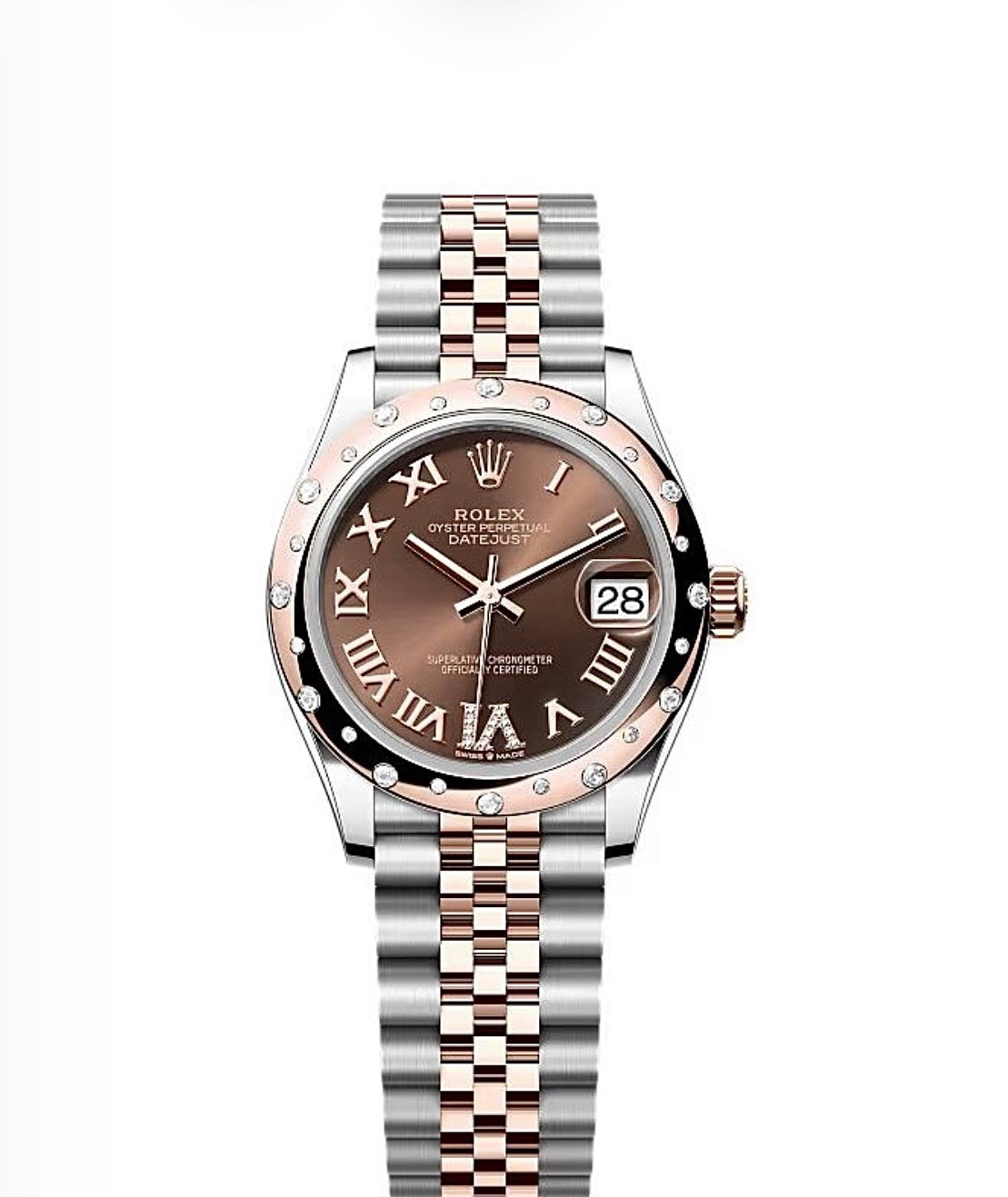 Rolex Datejust Oyster 31mm Oystersteel & Rose Gold-Plated – Chocolate Roman Dial & Diamond Bezel | ساعة رولكس ديتجست 31 ملم بني روماني