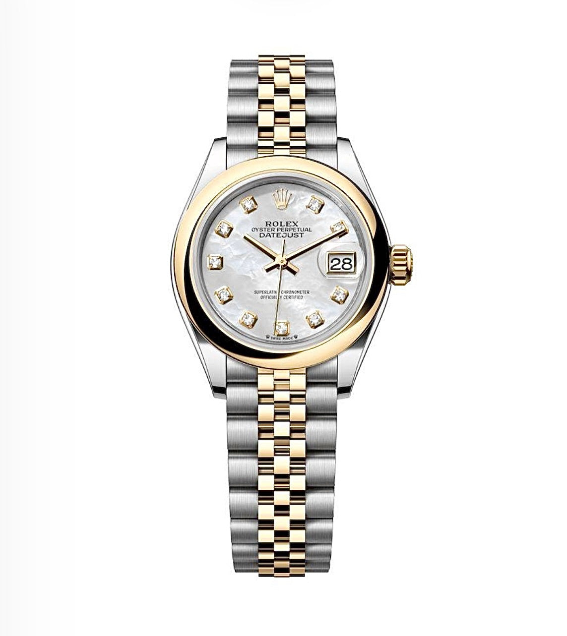 Rolex Datejust Oyster 28mm Oystersteel & Gold-Plated – White Mother-of-Pearl Diamond Dial | ساعة رولكس ديتجست 28 ملم لؤلؤي أبيض ثنائي