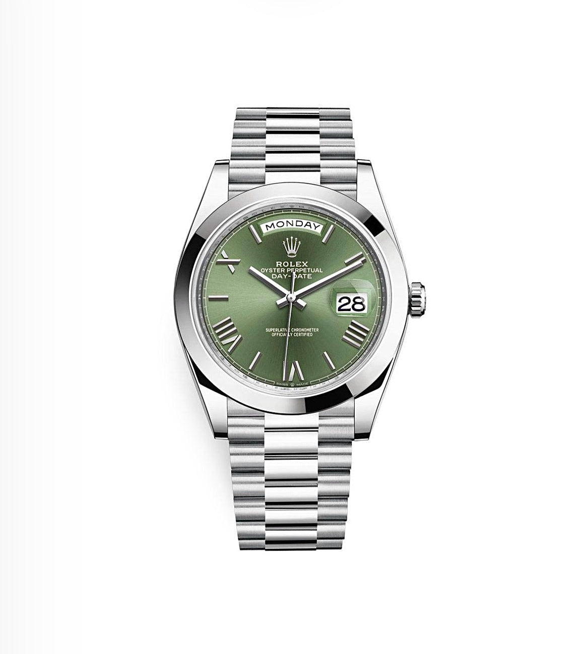 Rolex Day-Date Oyster 40mm Oystersteel – Olive Green Roman Dial & Smooth Bezel | ساعة رولكس دي ديت 40 ملم زيتوني روماني