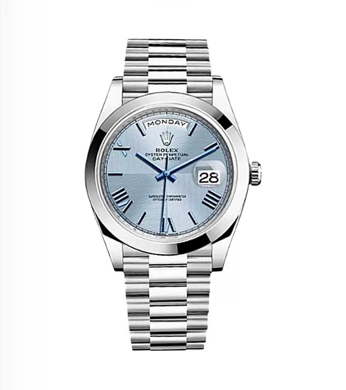 Rolex Day-Date Oyster 40mm Oystersteel – Ice Blue Roman Dial & Smooth Bezel | ساعة رولكس دي ديت 40 ملم أزرق جليدي روماني