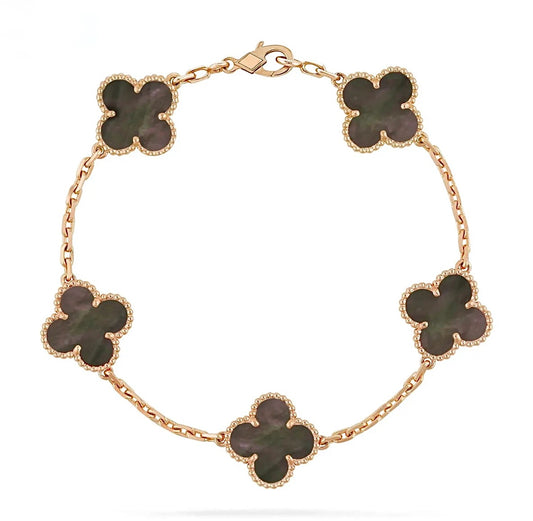 Van Cleef & Arpels Vintage Alhambra Bracelet 5 Motifs Rose Gold Black Mother of Pearl