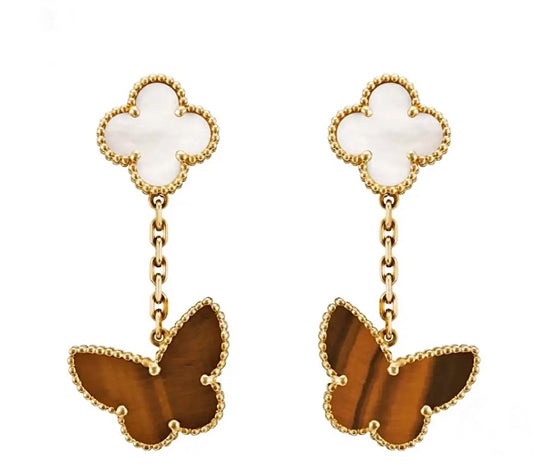 Van Cleef & Arpels Lucky Alhambra Earrings 2 Motifs Yellow Gold Mother of Pearl Tiger Eye
