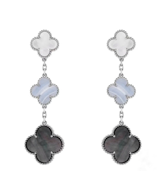 Van Cleef & Arpels Magic Alhambra Earrings 3 Motifs White Gold White Mother of Pearl Chalcedony Grey Mother of Pearl