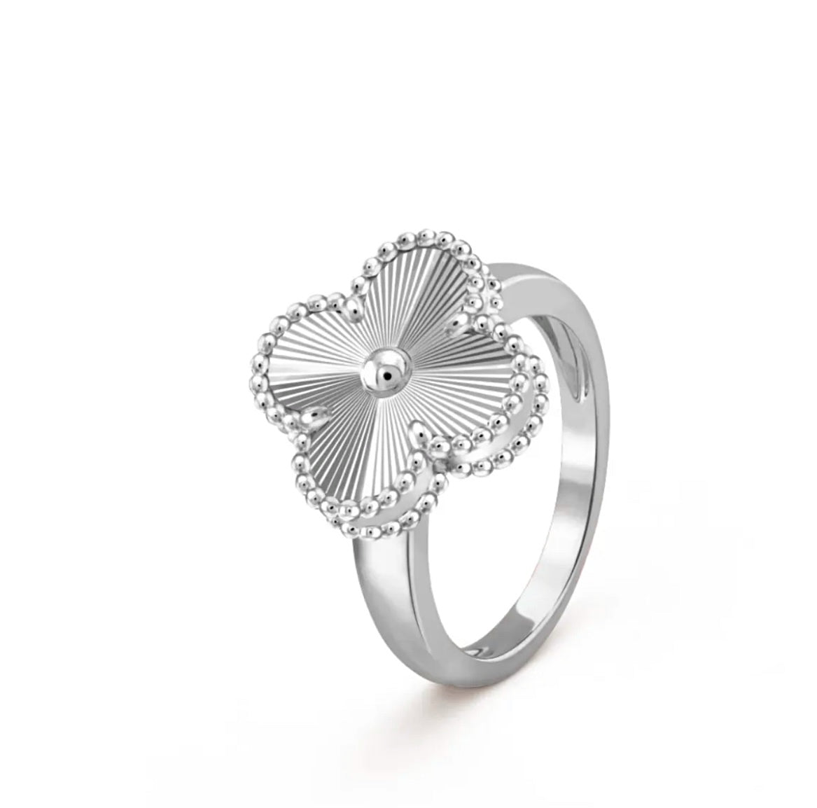Van Cleef & Arpels Vintage Alhambra Ring White Gold Guilloche Diamond Center