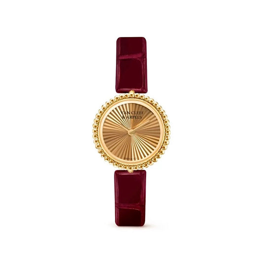 Van Cleef & Arpels Perlée Watch 23mm Yellow Gold Dial Burgundy Strap