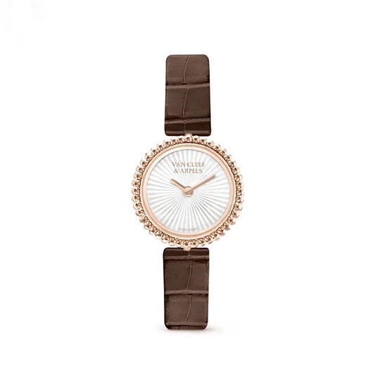 Van Cleef & Arpels Perlée Watch 23mm Rose Gold Diamond Bezel Brown Strap