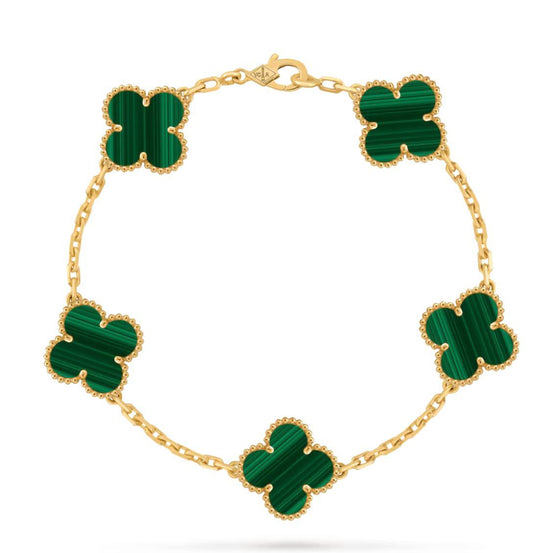 Van Cleef & Arpels Vintage Alhambra Bracelet 5 Motifs Yellow Gold Malachite
