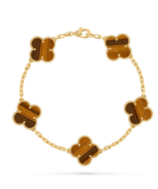 Van Cleef & Arpels Vintage Alhambra Bracelet 5 Motifs Yellow Gold Tiger's Eye
