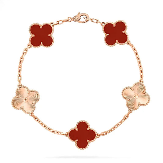 Van Cleef & Arpels Vintage Alhambra Bracelet 5 Motifs Rose Gold Carnelian & Mother-of-Pearl