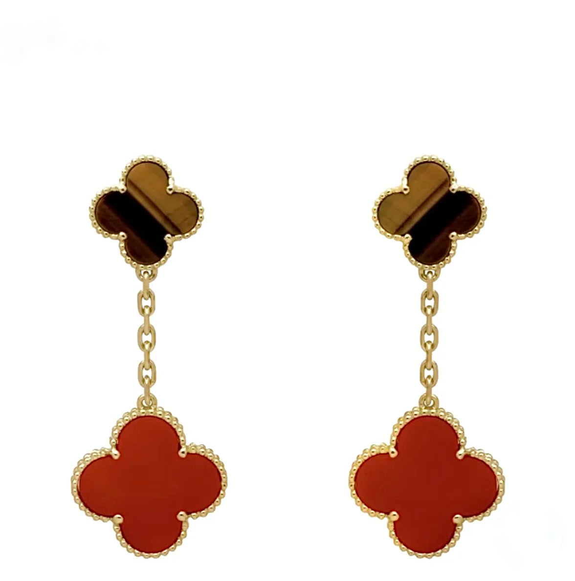 Van Cleef & Arpels Magic Alhambra Earrings 2 Motifs Yellow Gold Tiger's Eye & Carnelian