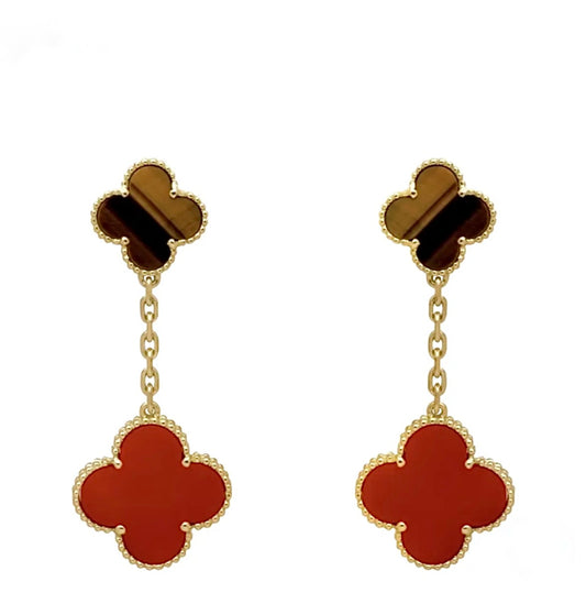Van Cleef & Arpels Magic Alhambra Earrings 2 Motifs Yellow Gold Tiger's Eye & Carnelian