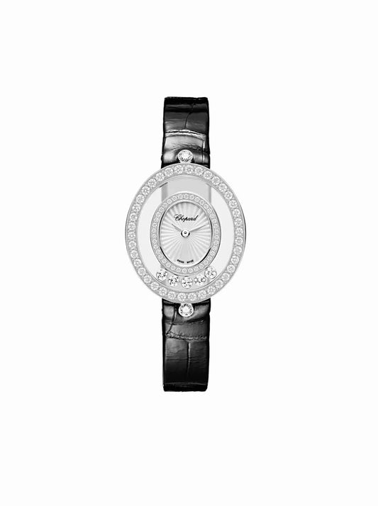 Chopard Happy Diamonds Watch 28x25mm White Gold Plated Diamond Black Leather Strap
