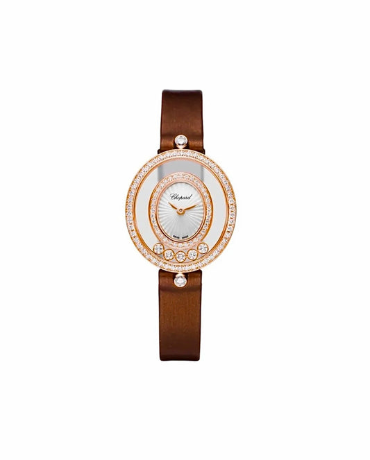 Chopard Happy Diamonds Watch 28x25mm Rose Gold Plated Diamond Brown Satin Strap