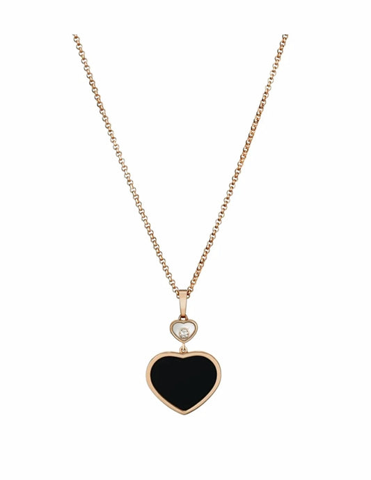 Chopard Happy Hearts Pendant Necklace Rose Gold Black Onyx Diamond
