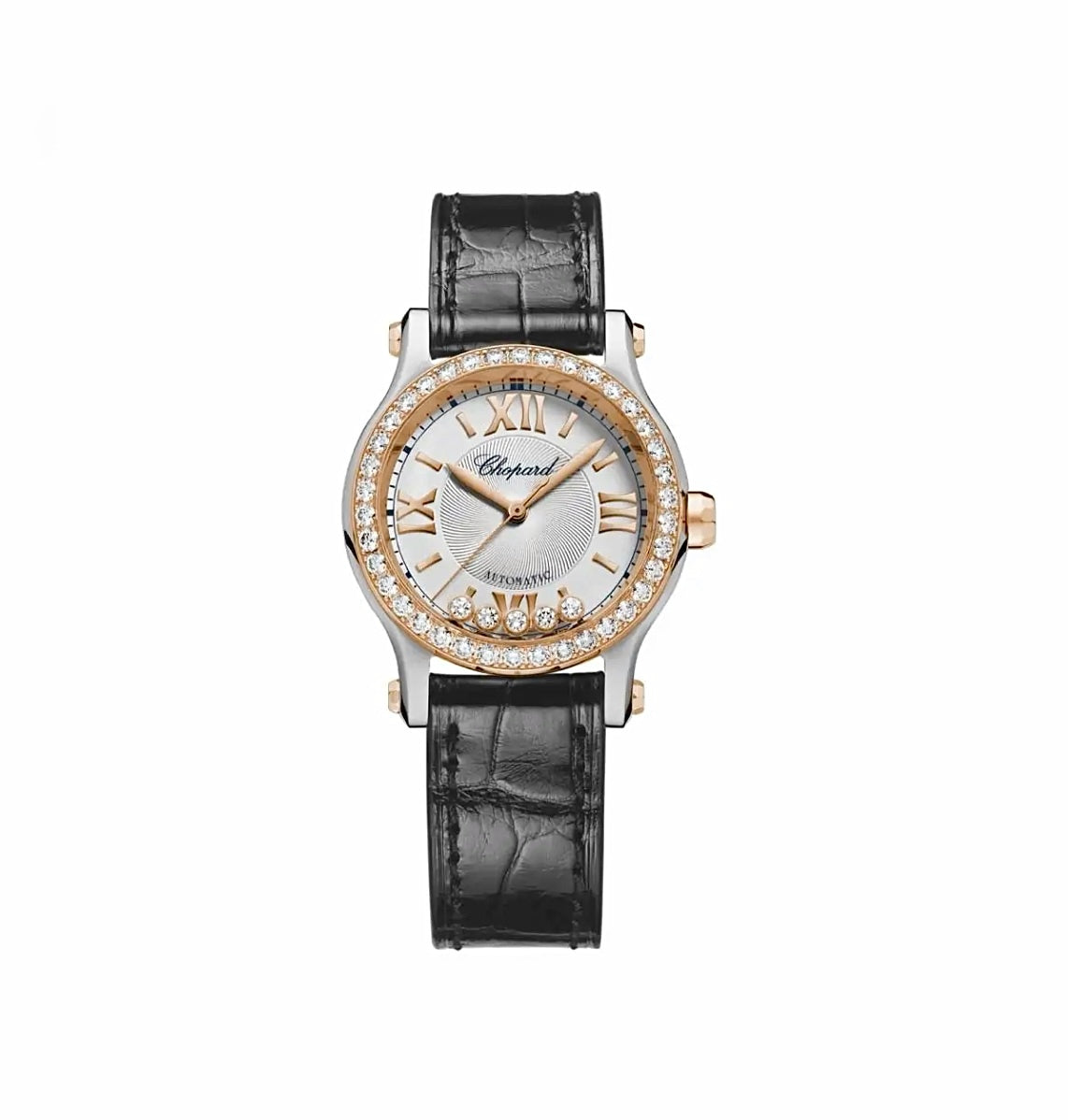 Chopard Happy Sport 30mm Automatic Rose Gold Steel Diamond Black Leather Strap