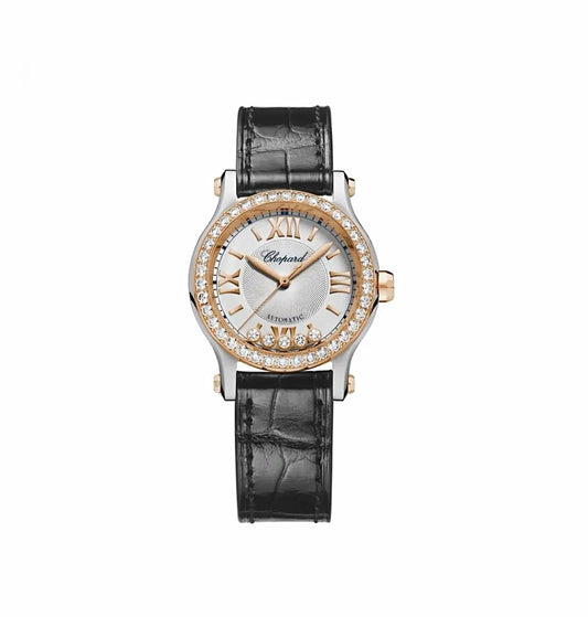 Chopard Happy Sport 30mm Automatic Rose Gold Steel Diamond Black Leather Strap
