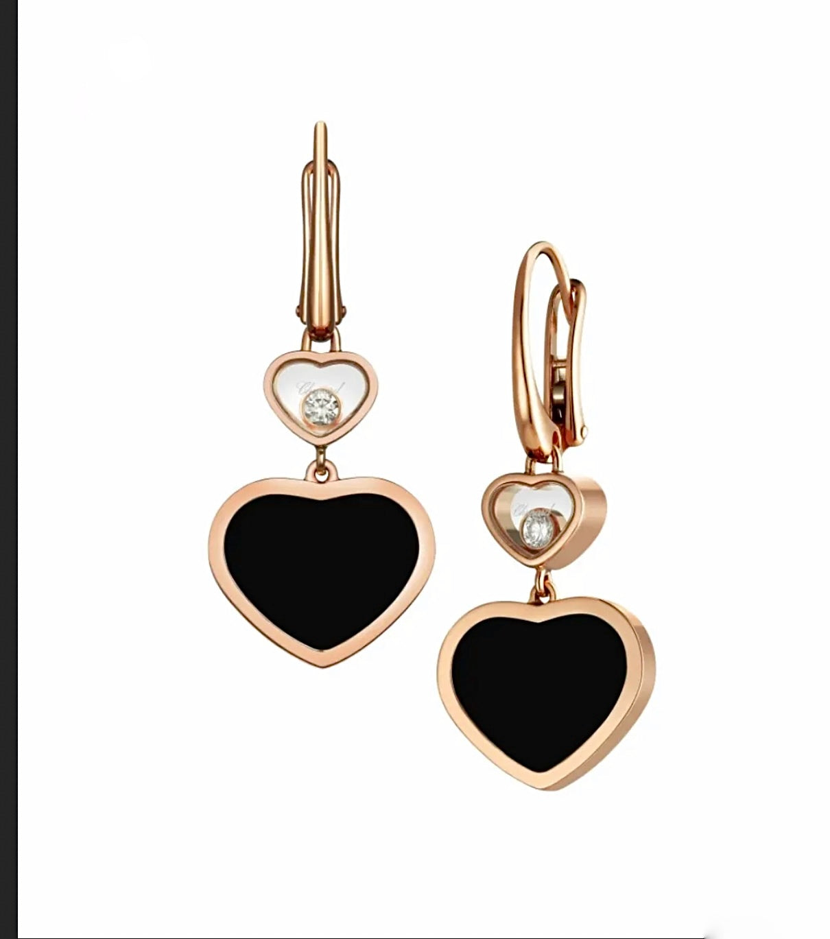 Chopard Happy Hearts Earrings 18K Rose Gold Black Onyx Diamond Drop