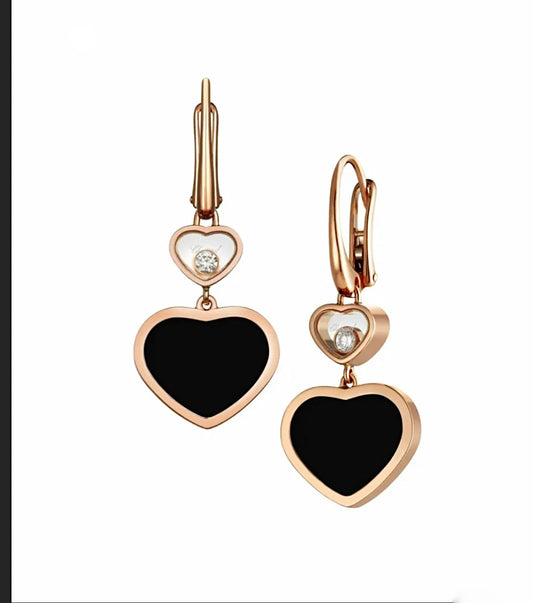 Chopard Happy Hearts Earrings 18K Rose Gold Black Onyx Diamond Drop