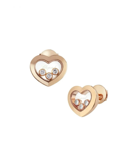 Chopard Happy Diamonds Icons Earrings 18K Rose Gold 3 Diamonds Heart Studs