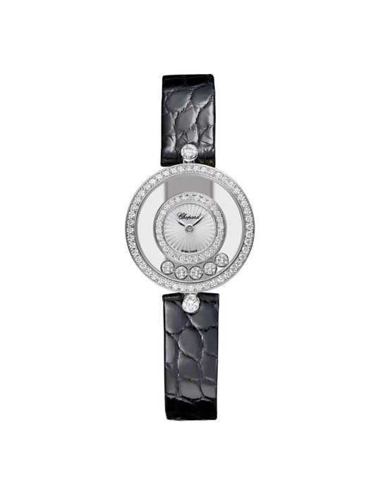 Chopard Happy Diamonds Watch 28mm White Gold Plated Diamond Black Leather Strap