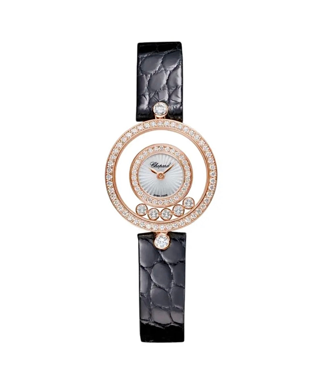 Chopard Happy Diamonds Watch 28mm Rose Gold Diamond Black Leather Strap
