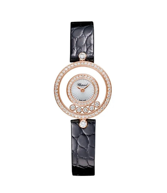 Chopard Happy Diamonds Watch 28mm Rose Gold Diamond Black Leather Strap