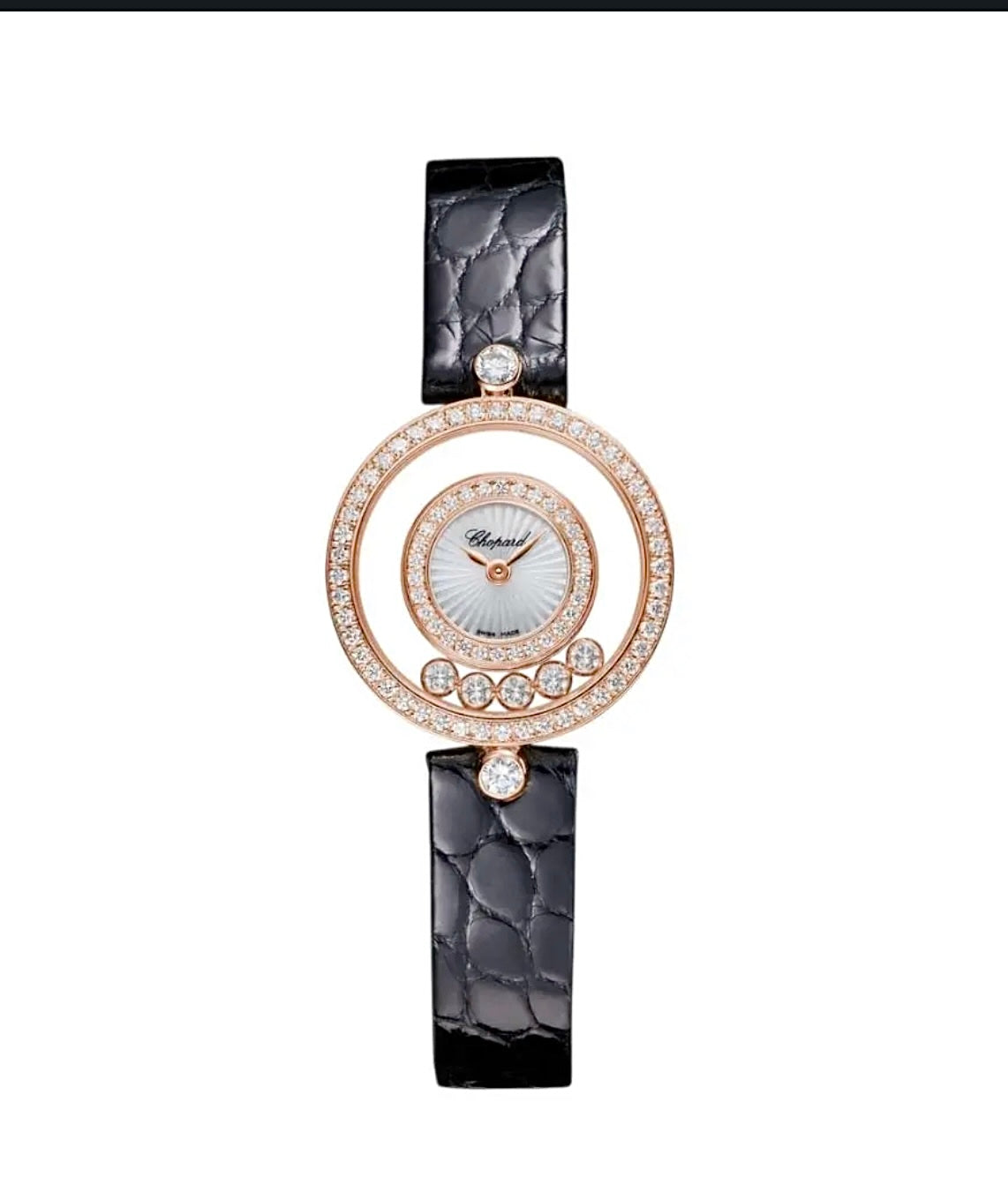 Chopard Happy Diamonds Watch 28mm Rose Gold Diamond Black Leather Strap