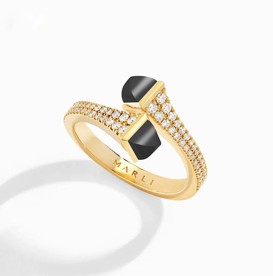 Marli Cleo Diamond Slim Ring Yellow Gold Black Onyx