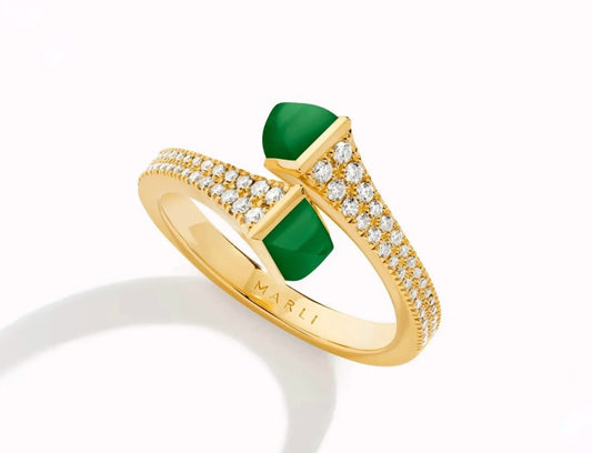 Marli Cleo Diamond Slim Ring Yellow Gold Green Agate