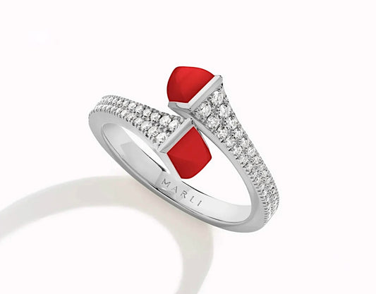 Marli Cleo Diamond Slim Ring White Gold Red Coral