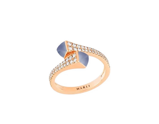 Marli Cleo Diamond Slim Ring Rose Gold Blue Chalcedony
