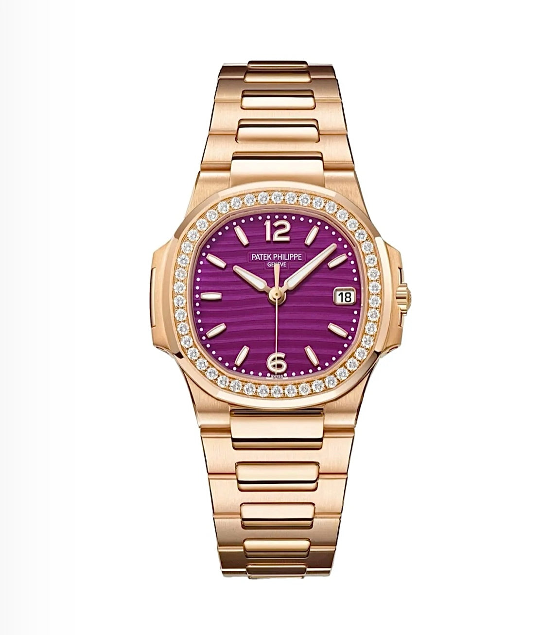 Patek Philippe Nautilus 32MM – Rose Gold, Diamond Bezel, Purple Dial