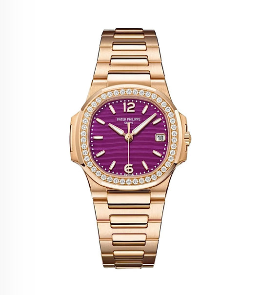 Patek Philippe Nautilus 32MM – Rose Gold, Diamond Bezel, Purple Dial