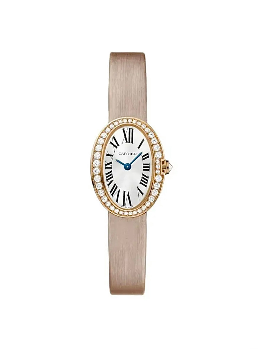 Cartier Baignoire Mini 24x17MM – Gold-Plated, Diamond Bezel, White Roman Dial, Blush Satin Strap