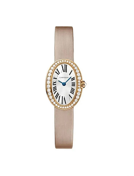Cartier Baignoire Mini 24x17MM – Gold-Plated, Diamond Bezel, White Roman Dial, Blush Satin Strap