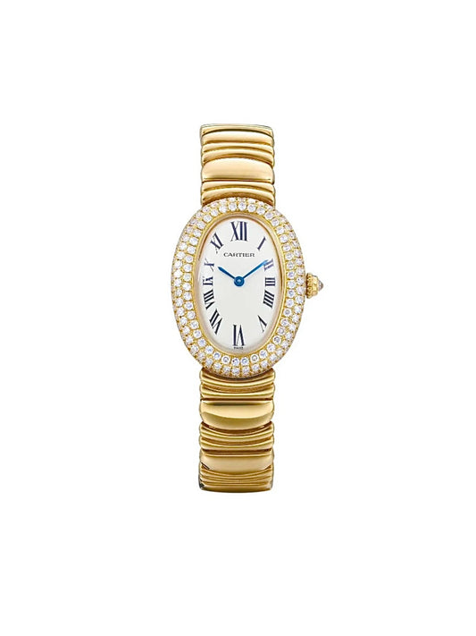 Cartier Baignoire – Gold-Plated, Diamond Bezel, White Roman Dial