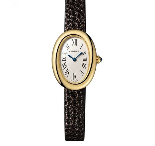 Cartier Baignoire 31x23MM – Gold-Plated, Dark Brown Leather Strap, White Roman Dial