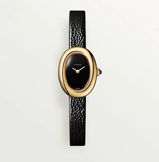 Cartier Baignoire Mini 24x17MM – Gold-Plated, Black Dial, Black Leather Strap