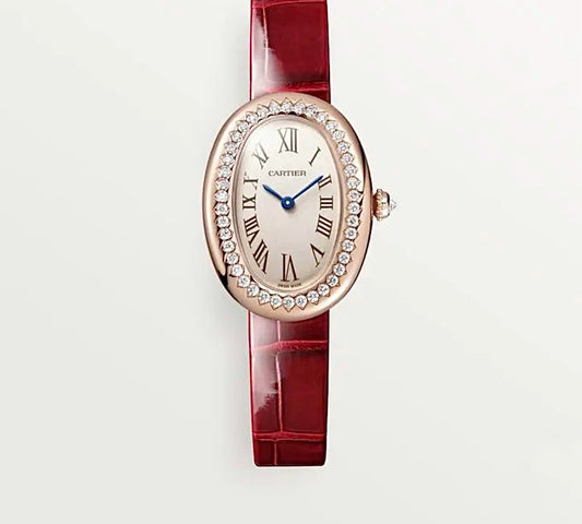 Cartier Baignoire 32x24MM – Rose Gold-Plated, Diamond Bezel, Red Crocodile Strap
