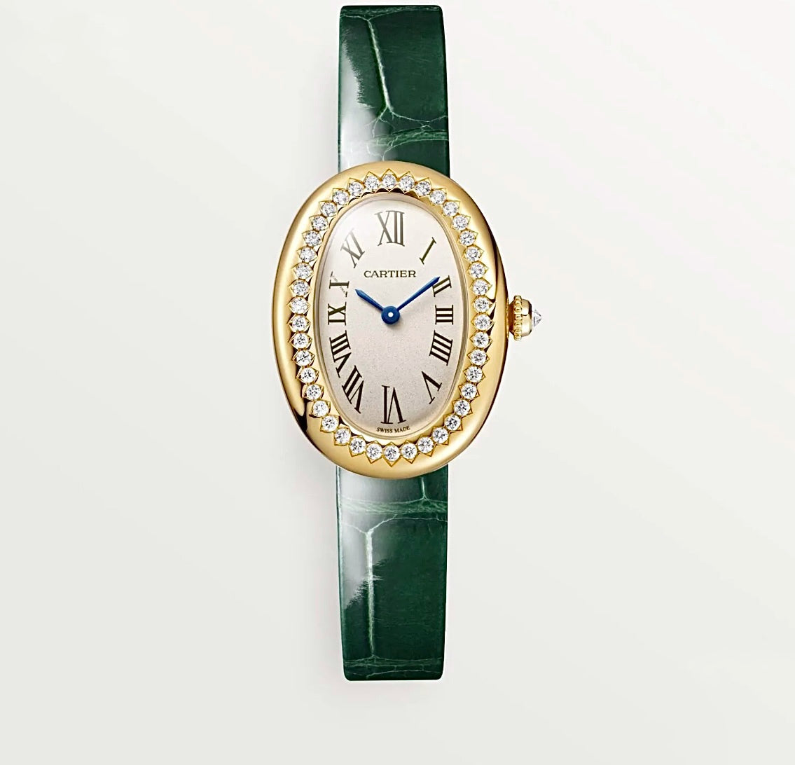 Cartier Baignoire 32x24MM – Gold-Plated, Diamond Bezel, Green Crocodile Strap