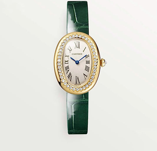 Cartier Baignoire 32x24MM – Gold-Plated, Diamond Bezel, Green Crocodile Strap