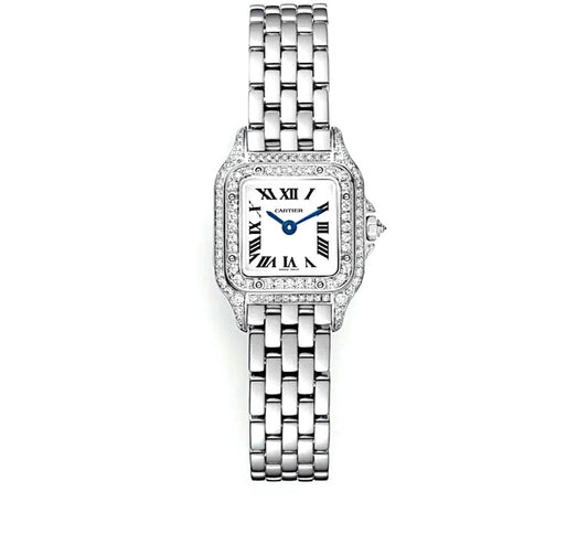 Cartier Panthère Watch 19mm Mini – Diamond Bezel | Stainless Steel | White Roman Dial | ساعة كارتييه بانتير 19مم إطار الماس ستانلس