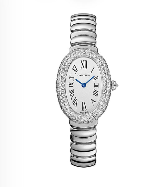 Cartier Baignoire 31x23MM – White Gold-Plated, Diamond Bezel, Ribbed Bracelet