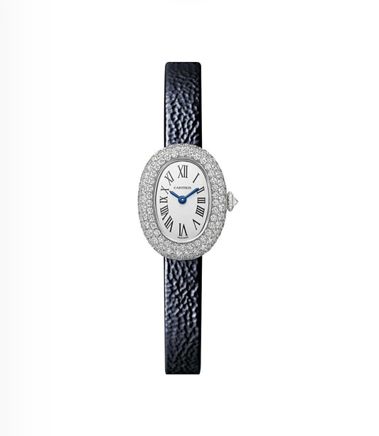 Cartier Mini Baignoire Watch – White Gold-Plated, Full Diamond Pavé, Navy Leather Strap